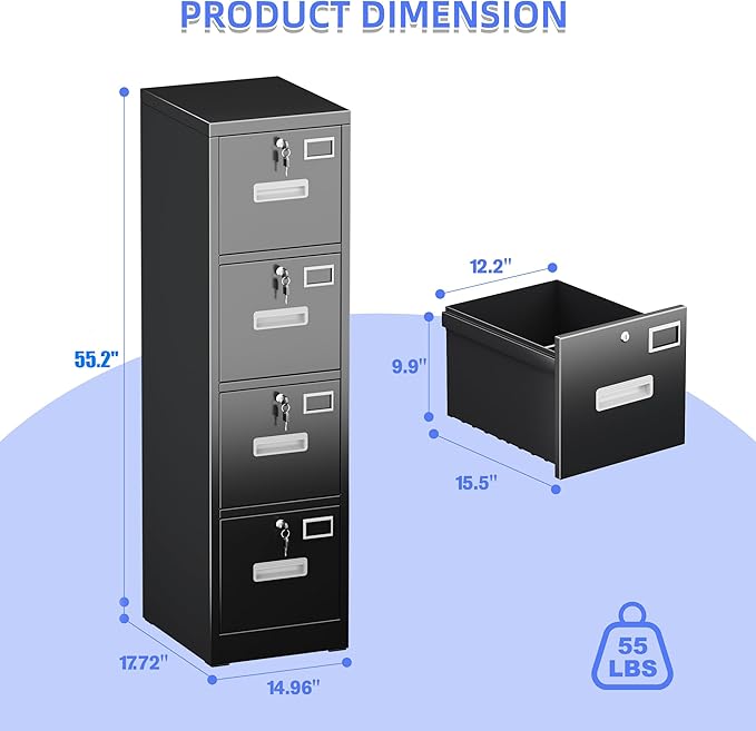 4 Drawer File Cabinet, Metal Vertical Black Filing Cabinets with Locks for Home Office with Name Card Holder for A4 /F4 Size/Letter/Legal Size, Assembly Required(Black)