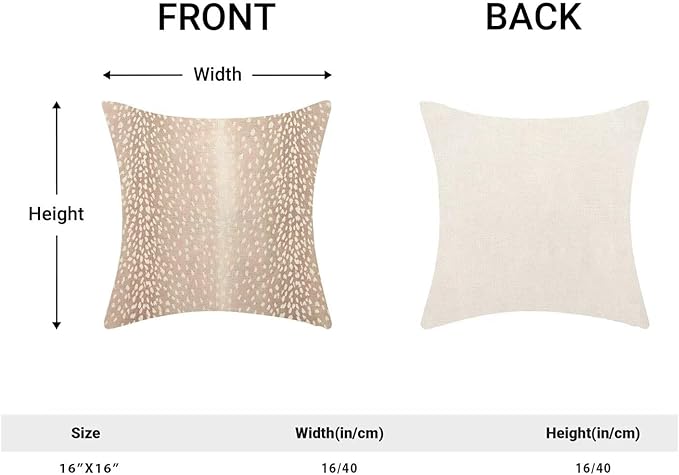 Antelope Pillow Covers 16 x 16 Inch Pack of 2, Animal Skin Print Decorative Throw Pillow Cases Outdoor Linen Farmhouse Neutral Fawn Cushion Cover for Bedroom Home Sofa Decor