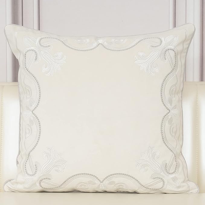 Aeckself European Floral Pillow Cover 18x18 Inch, Luxury Velvet Embroidered Decorative Throw Pillow Cover for Couch Bedroom Living Room, White Silver