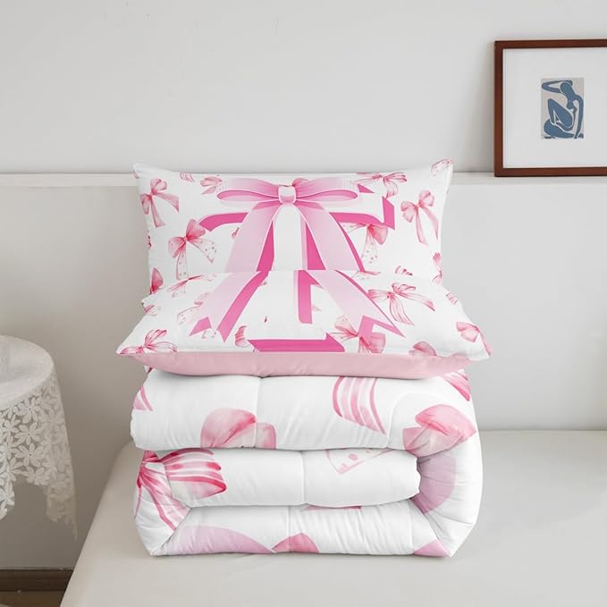 jejeloiu Kids Girls Cute Pink Bow Comforter Set Full Size Monogrammed Bedding Set Ultra Soft Personalized Initial T Duvet Quilt Coquette Bow Knot Quilt Set Room Decor Modern Fashion Comforter