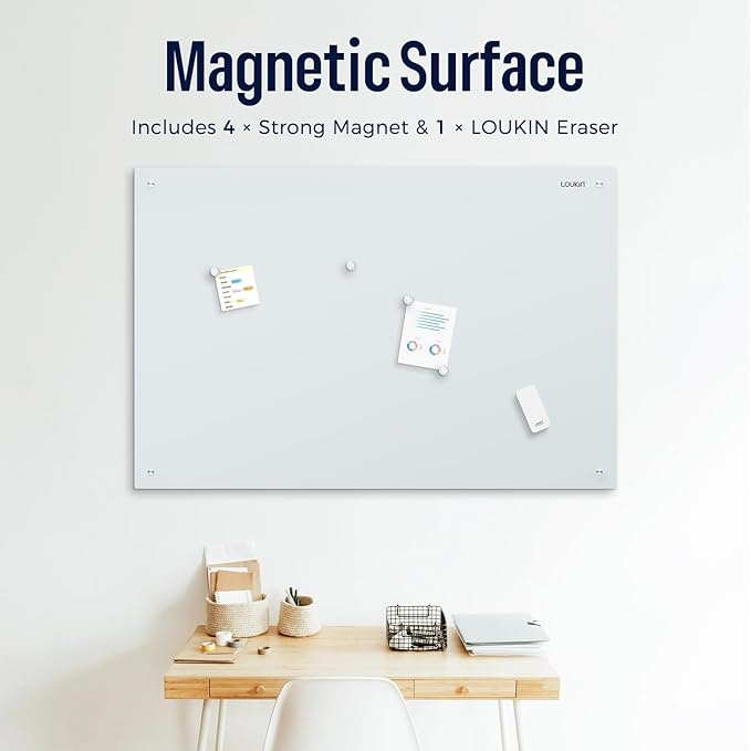 Loukin Glass Whiteboard for Wall, Magnetic Dry Erase Glass Board, Framless Surface White Board for Office, School, Dry Erase Whiteboard Set Includes Cleaner & Eraser & Marker (36" x 48")