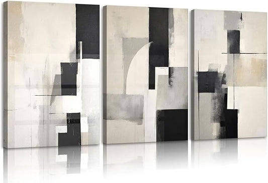 3Pcs Framed Neutral Abstract Canvas Wall Art Floral Pictures Modern Minimalist Posters Prints Beige Black Flower Wall Decoration for Living Room Bedroom Bathroom Office 16x24in