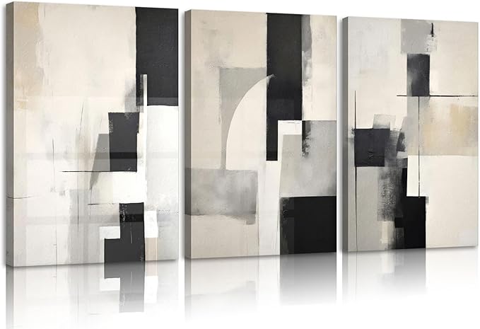 3Pcs Framed Neutral Abstract Canvas Wall Art Floral Pictures Modern Minimalist Posters Prints Beige Black Flower Wall Decoration for Living Room Bedroom Bathroom Office 12x16in