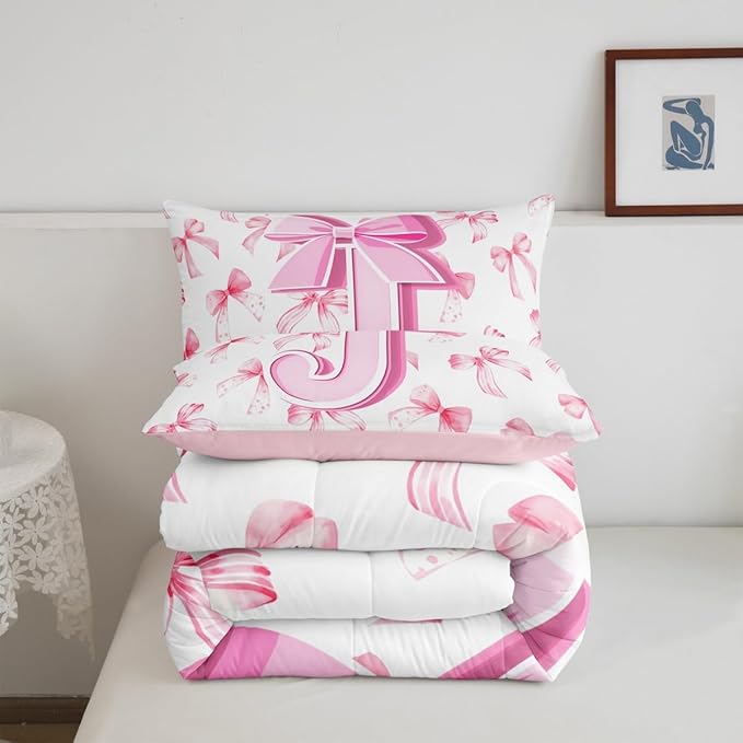 jejeloiu Kids Girls Cute Pink Bow Comforter Set Queen Size Monogrammed Bedding Set Ultra Soft Personalized Initial J Duvet Quilt Coquette Bow Knot Quilt Set Room Decor Modern Fashion Comforter