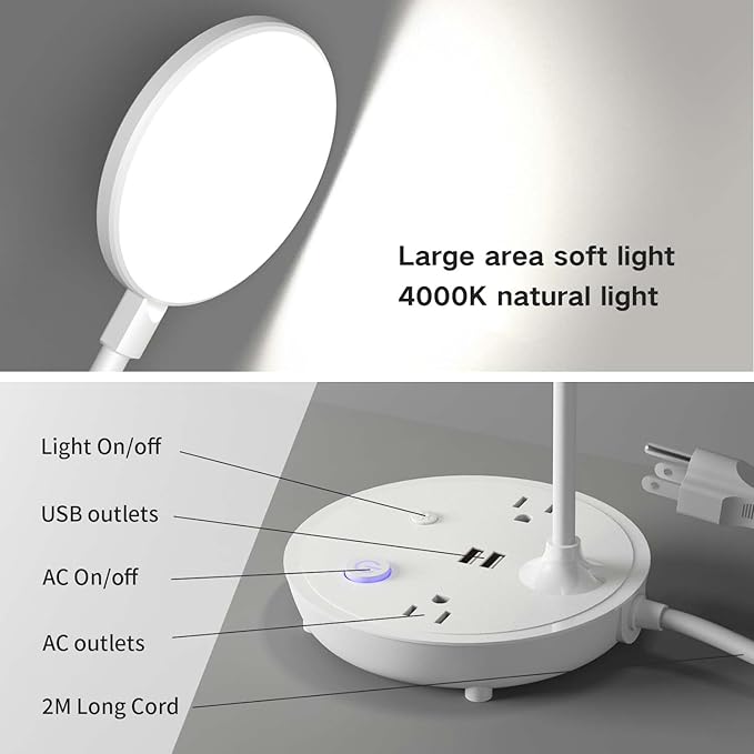 Bodun LED Desk Lamp with 2 USB Charging Port and 2 AC Power Outlet - Adjustable Gooseneck, 3 Level Brightness, Eye-Caring Small White Table Lamp for Home Office College Dorm Room Essentials