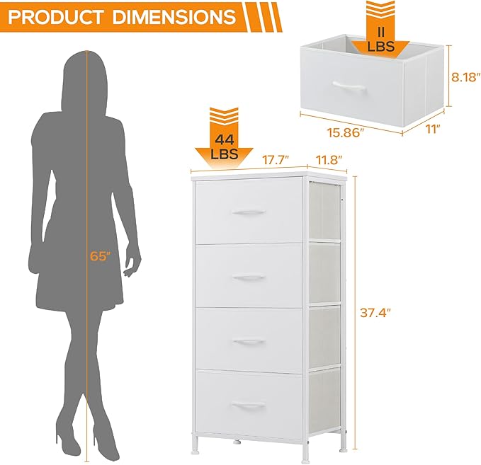 DUMOS Dresser for Bedroom, 4 Storage Drawers, Tall Fabric Closet Chests Organizer Tower Furniture with Wooden Top Metal Frame for Clothes, Nursery Room, Living Room, Hallway, Entryway