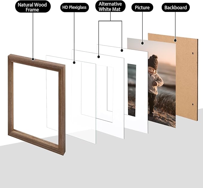 KINLINK 8x10 Picture Frame Rustic brown, Solid Wood Frames with Acrylic Plexiglass for Pictures 4x6/5x7 with Mat or 8x10 without Mat, Tabletop and Wall Display Photo Frame, Set of 4