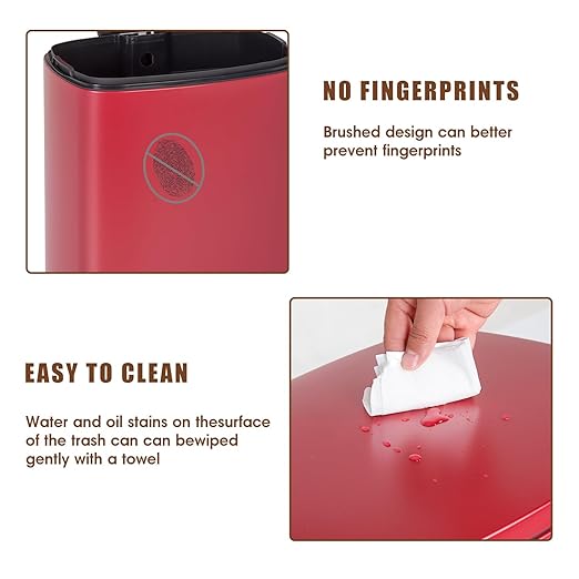 BestOffice 13 Gallon (50L) Trash Can with Soft-Close Foot Pedal, Fingerprint Proof Stainless Steel Can for Kitchen, Home, Office, Bedroom, Bathroom, Red