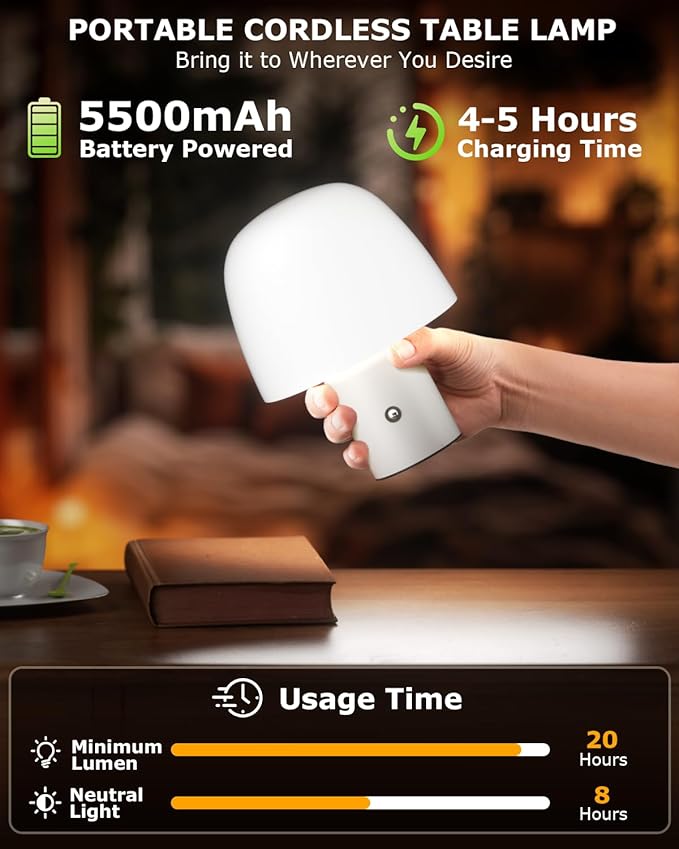 Portable LED Table Lamp, Cordless Desk Lamp Rechargeable, 3-Color Touch Stepless Dimming Night Light for Bedroom/Children's Room/Terrace/Dining Room/Cafe (White)