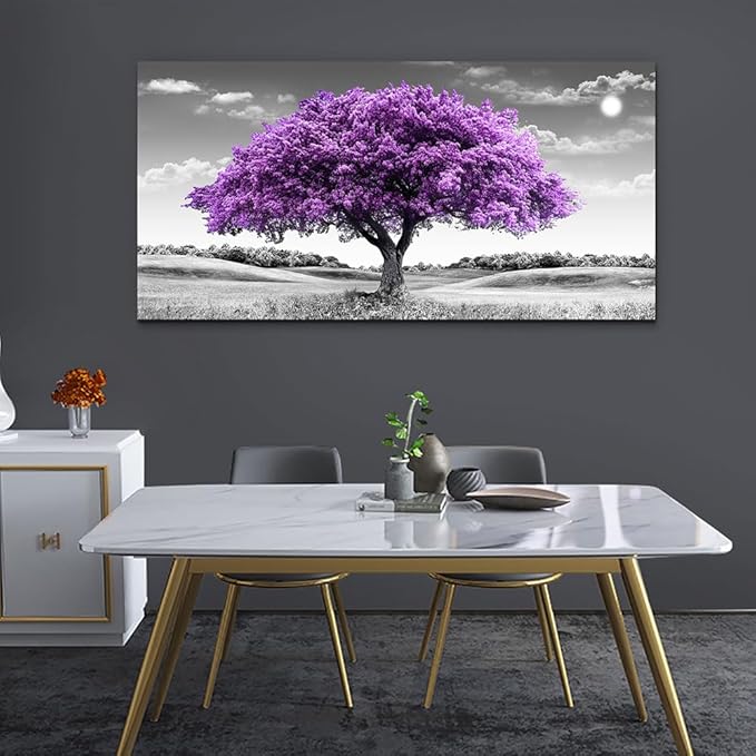 Canvas Wall Art for Living Room Large Wall Decor for Bedroom Modern Office Wall Decorations Purple Tree Landscape Painting Black and White Pictures Artwork Room Aesthetic Home Decor