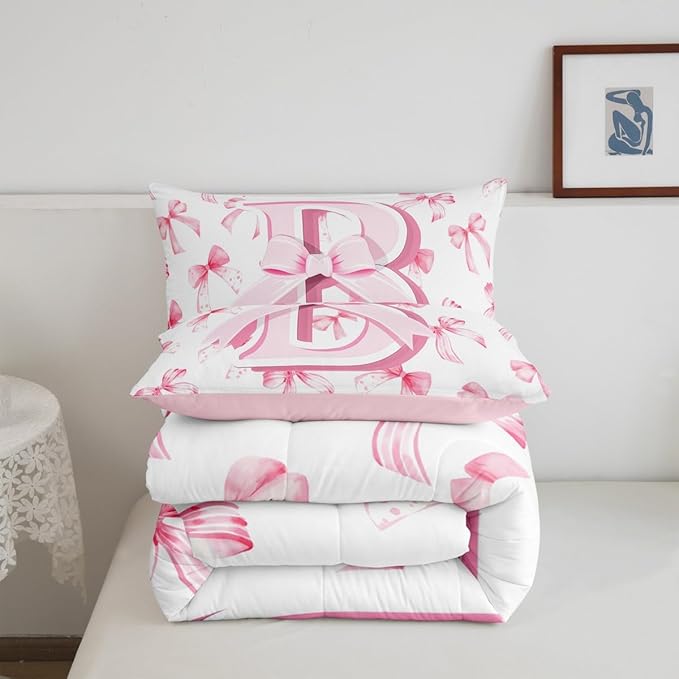 jejeloiu Kids Girls Cute Pink Bow Comforter Set Queen Size Personalized Initial B Bedding Set Ultra Soft Monogrammed Duvet Quilt Coquette Bow Knot Quilt Set Room Decor Modern Fashion Comforter