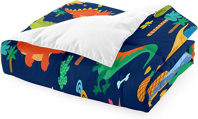 Cute Cartoon Dinosaur Bedding Set, Ultra Soft Full Size Comforter Set for Boys, Lovely Dinosaur Printed Comforter for Kids Teens, Dark Blue Microfiber Quilt for All Season 3Pcs with Pillowcases