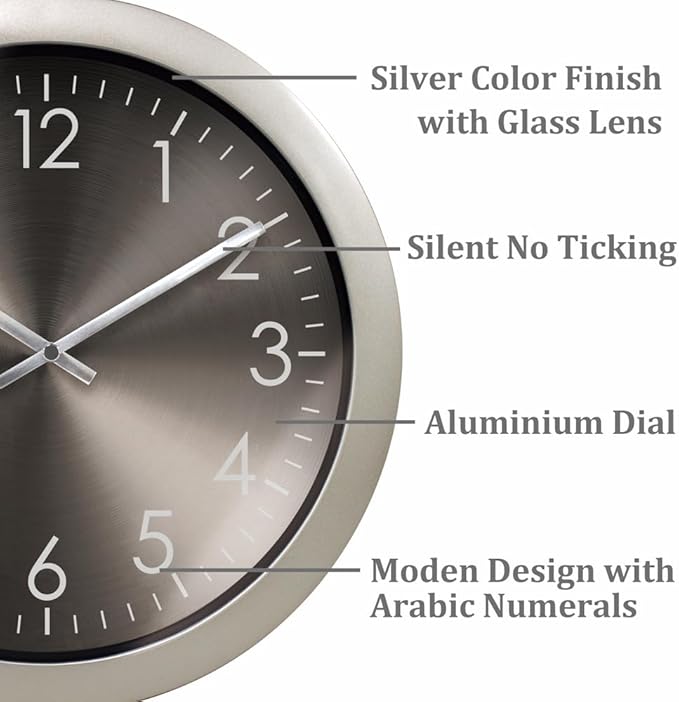 Presentime & Co Modern Silent Wall Clock, Morning Silver Color, Silent No Ticking, Aluminium Dial, 11.5 inch. Wall Clock for Home, Living Room, Kitchen, Bedroom, Office, School, Hotel