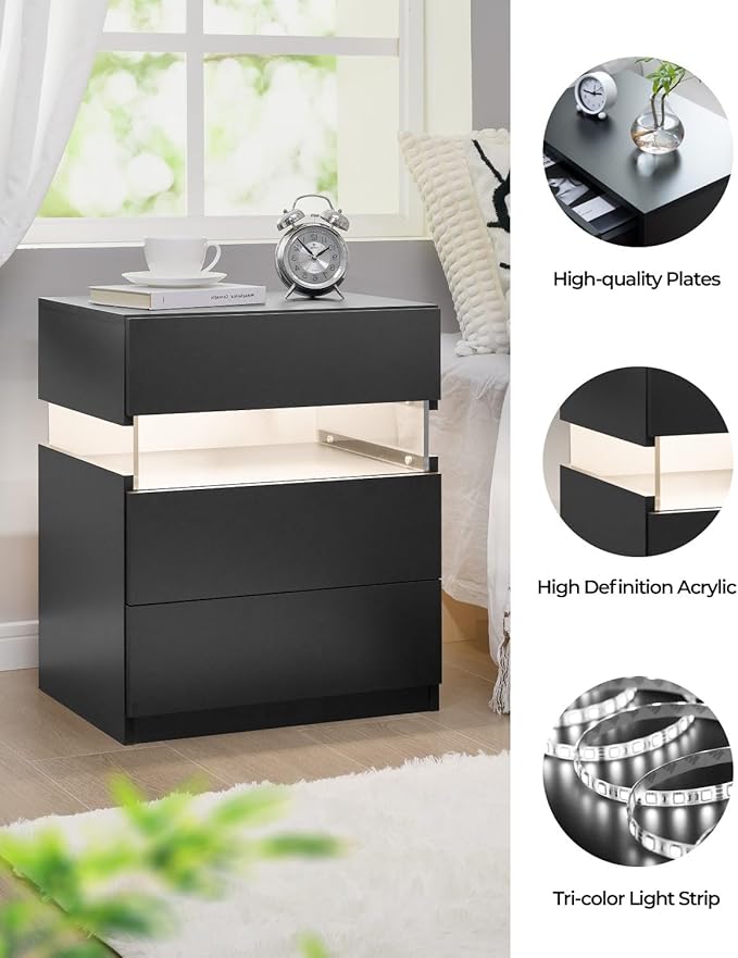 Bingoday Nightstands Set of 2 LED Tall Nightstand Set of 2 Modern LED Bedside Tables Set of 2 with 3 Drawers for Bedroom Living Room