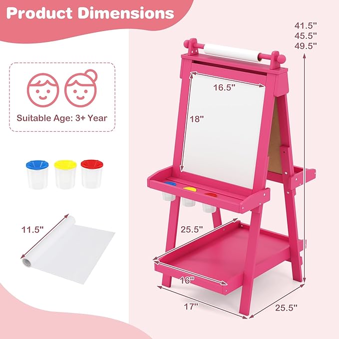 OLAKIDS Easel for Kids, 3 in 1 Adjustable Painting Art Board, Foldable Double-Sided Wooden Drawing Chalkboard Magnetic Whiteboard with Paper Roll, Storage Rack, Cups for Boy Girls (Pink)