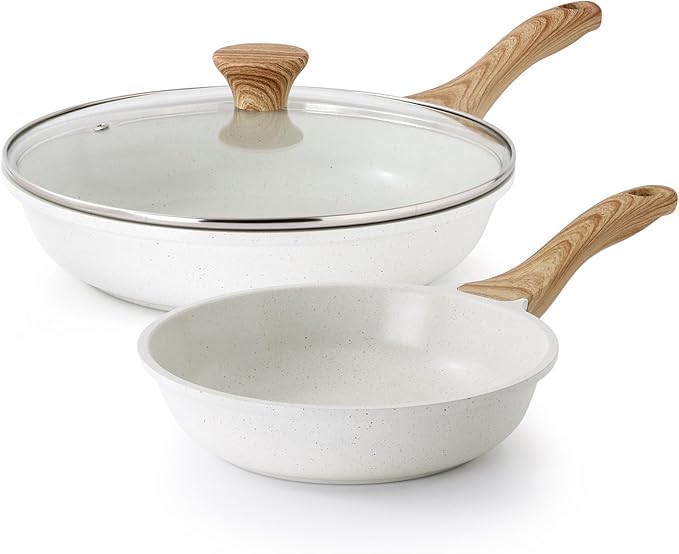 SENSARTE Nonstick Frying Pan Skillets, White Ceramic Coating Omelette Pans, Healthy Cookware Chef's Pan, Free of Intentionally Added PTFE & PFAS (8+11Inch with Lid)