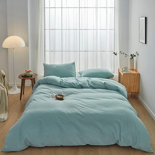 FACE TWO FACE Bedding Duvet Cover Set100% Washed Cotton Duvet Cover Linen Like Textured Breathable Durable Soft Comfy (Full, Dusty Blue)