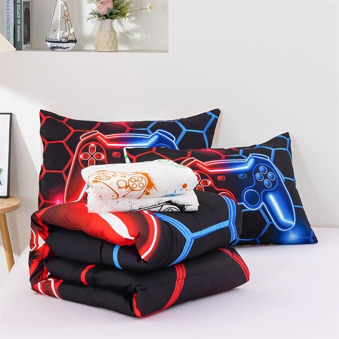 NTBED Game Console Comforter Set for Boys Girls Kids Geometric Lightweight Microfiber Bedding Sets (Red Blue, Full 5Pcs)