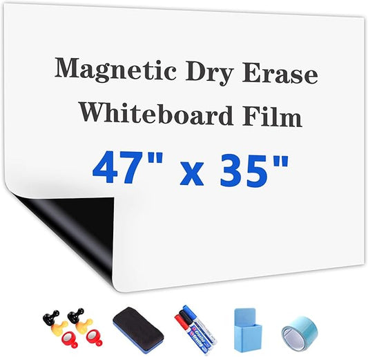 Magnetic Dry Erase Whiteboard Paper with Adhesive, 47" x 35" White Board Film for Wall, Easy to Write and Clean Dry Erase Board for Office, Classroom, Home, Include Marker, Magnetic Eraser and Magnets