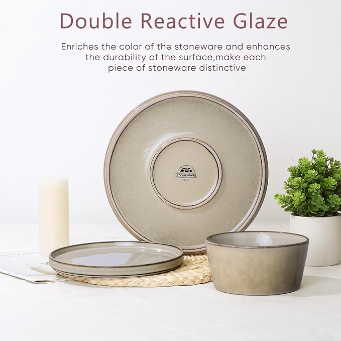 Herogo Stoneware Plates and Bowls Sets for 8, 24 Pieces Modern Dinnerware, Reactive Glaze Dishes Set for Kitchen, Chip Resistant, Microwave & Dishwasher Safe, Cream Khaki