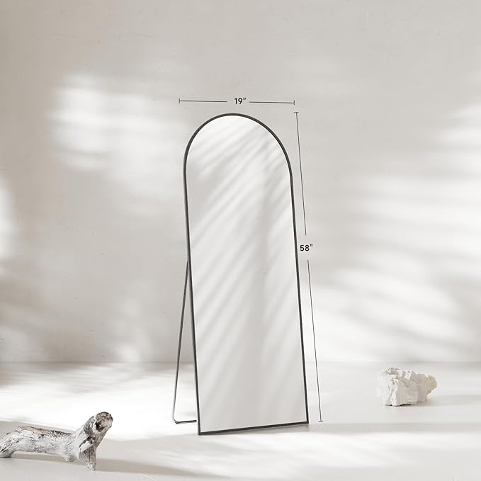 Arched Full Length Mirror 58"x19", Black Tempered Glass Wall Hanging Mounted Body Length Mirrors with Stand, Large Floor Aluminum Alloy Thin Frame