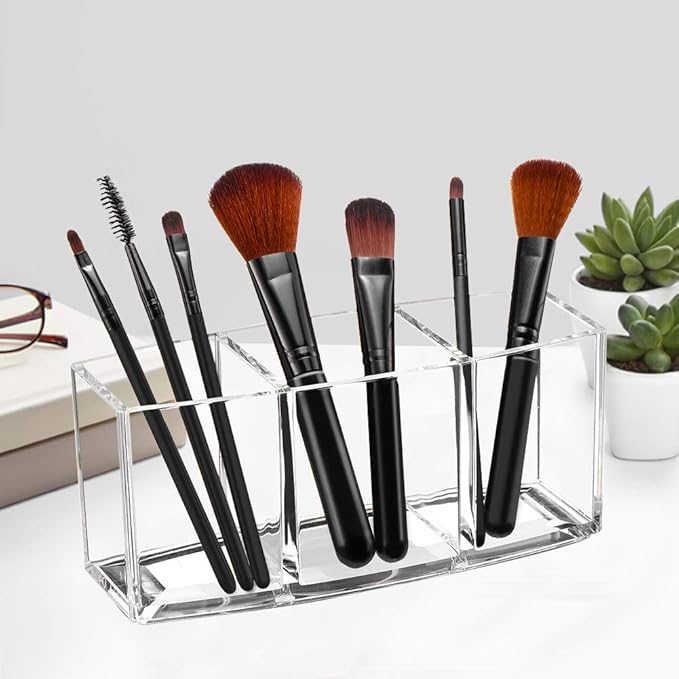 Acrylic Makeup Brush Organizer Holder Clear Cosmetic Brushes Storage with 3 Slots