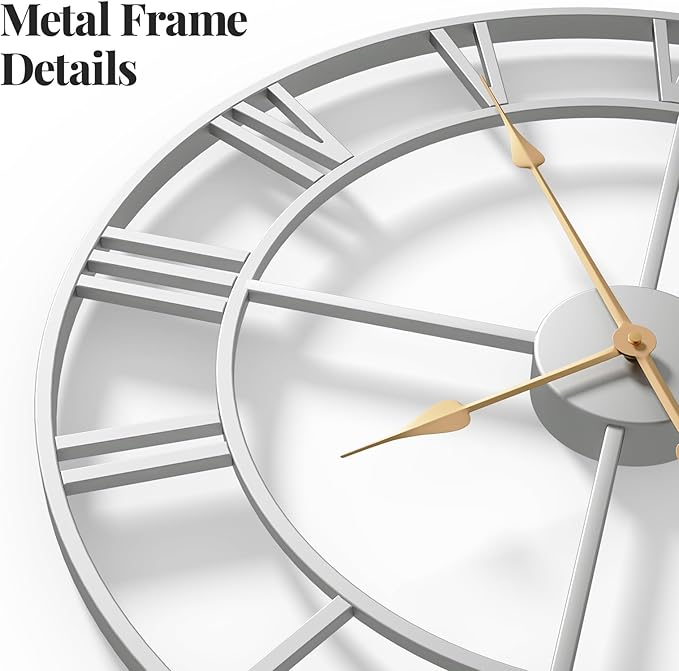 36 Inch Extra Large Wall Clock, Modern Silver Decorative Metal Wall Clocks for Living Room, Completely Silent Non Ticking Battery-Operated Roman Numeral Analog Round Clock