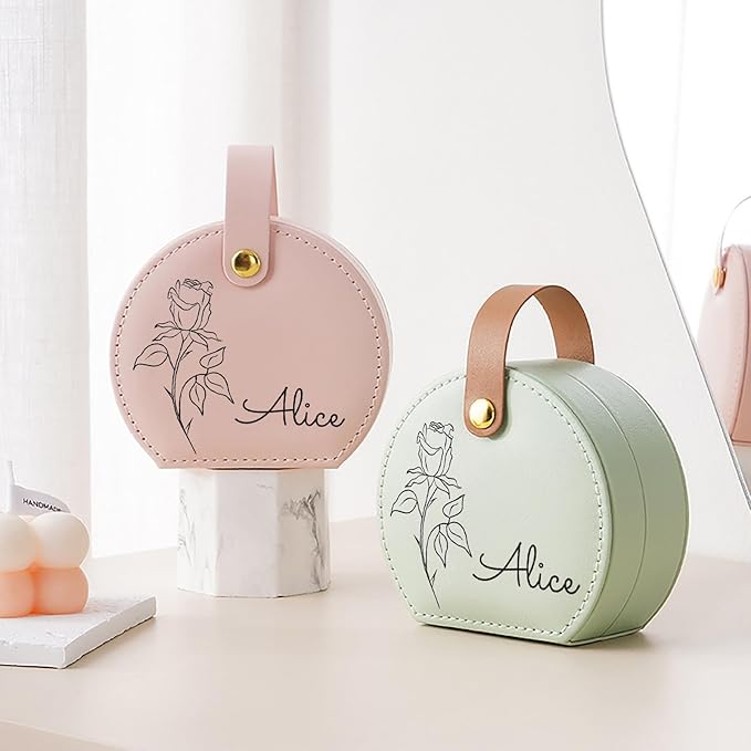 Personalized Travel Jewelry Case, Custom Leather Customized Jewelry Organizer Box w/Name & Birth Flower Month - Birthday Gifts for Women Mom Jewelry Travel Case