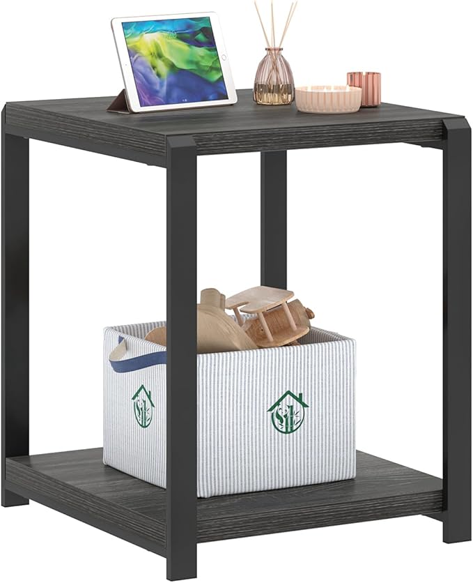 FOLUBAN Modern Side Table, Square End Table with Storage Shelf for Living Room, Rustic Industrial Wood Nightstand for Bedroom, Dark Gray