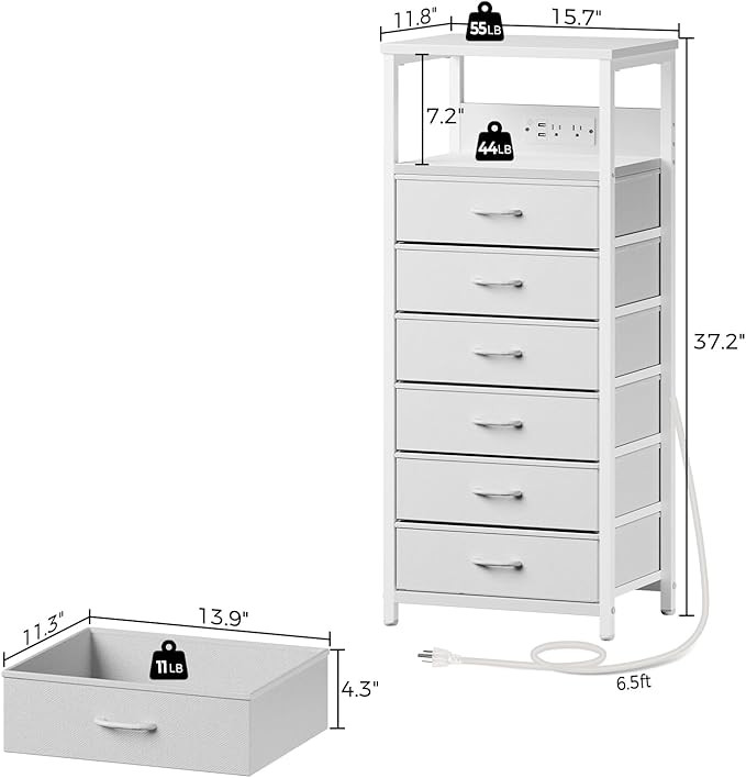 Seventable Night Stand with Charging Station, Tall Nightstand with 6 Fabric Storage Drawers, Side Table with LED Light for Bedroom, Entryway, White, Set of 2