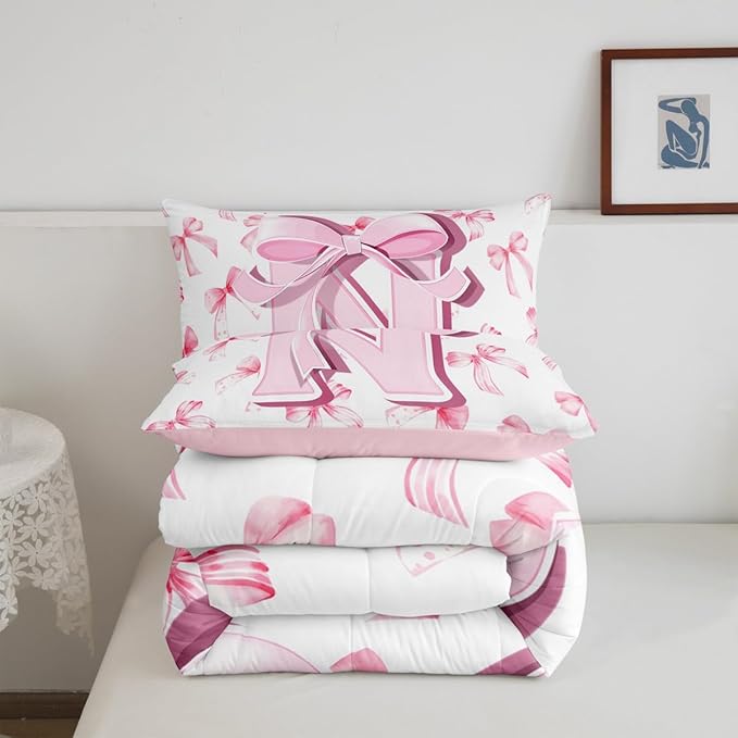jejeloiu Kids Girls Cute Pink Bow Comforter Set Twin Size Monogrammed Bedding Set Ultra Soft Personalized Initial N Duvet Quilt Coquette Bow Knot Quilt Set Room Decor Modern Fashion Comforter