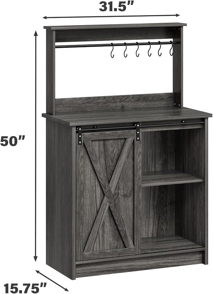 4ever2buy Farmhouse Coffee Bar Cabinet with Storage, Grey Coffee Bar with 6 Hooks, Buffet Table with Sliding Barn Door, Wine Bar Cabinet with Adjustable Shelf for Living Dining Roome
