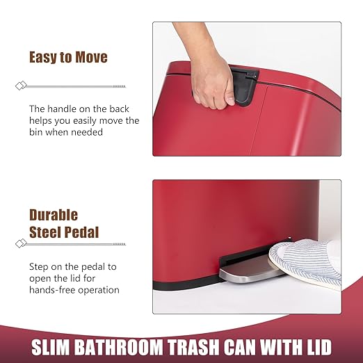 BestOffice 13 Gallon (50L) Trash Can with Soft-Close Foot Pedal, Fingerprint Proof Stainless Steel Can for Kitchen, Home, Office, Bedroom, Bathroom, Red