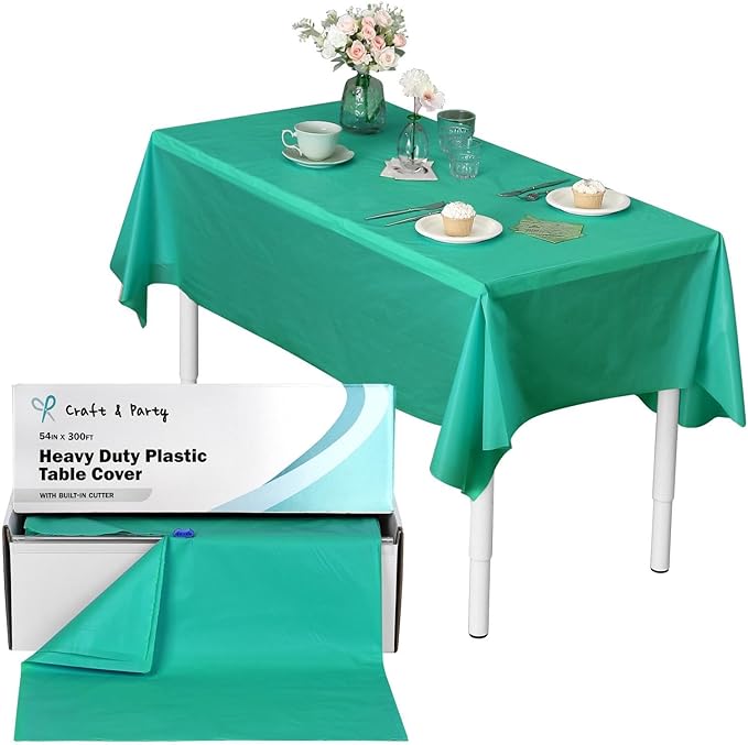 Craft And Party, 54 in x 300 feet Plastic Table Cover Roll for Party, Banquet, Picnic, Kids Activities for Any Size and Shape Table (Emerald Green, 54" x 300ft)