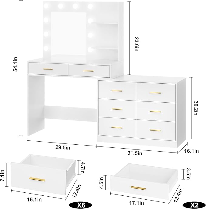 61" Vanity Desk with Mirror & Lights, White Makeup Dressing Table with 8 Drawers & 2 Shelves, 3 Lighting Modes with Adjustable Brightness for Bedroom, White