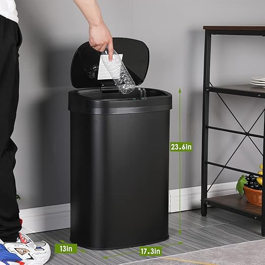 Stainless Steel Kitchen Trash Can Bathroom Bedroom Office Waste Bin with Lid Automatic Sensor Touch Free Garbage Can 13 Gallon / 50L,Black