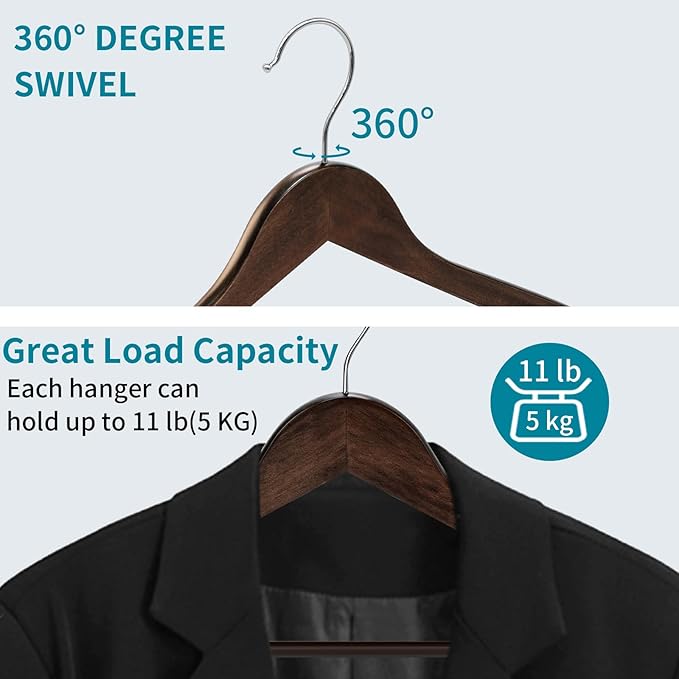 30 Pack Wooden Coat Hangers, 360° Swivel Hook, Suit Hangers with Anti-Slip Notches, for Jackets, Shirts, Dress, Dark Walnut, UAWY0530H