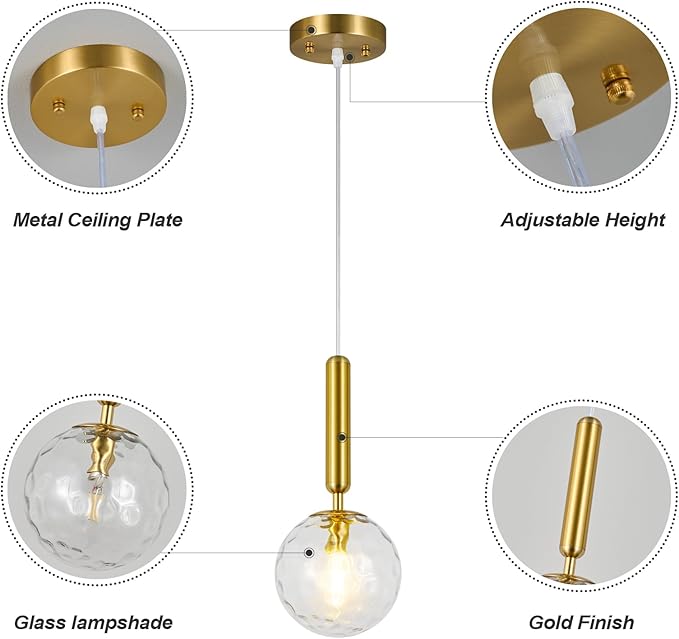 Modern Gold Pendant Light Hanging Fixture Light for Kitchen Island Mid Century with Globe Pendant Light Clear Glass Pendant Lighting for Living Room Bedroom Entryway (2 Pack)