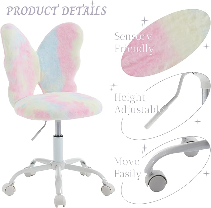 Cute Fuzzy Kids Chair for Teenage Girls Rolling Study Desk Student Chair Furry Computer Task Chair, Adjustable Butterfly Shaped Reading Vanity Chair for Bedroom, Colorful
