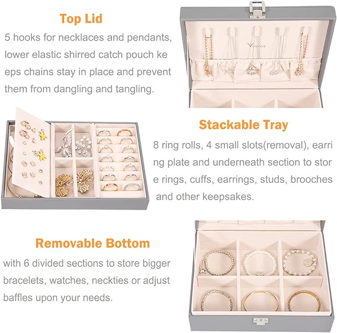 Voova Jewelry Box Organizer for Women Girls, 2 Layer Large Men Storage Case, PU Leather Display Jewellery Holder with Removable Tray for Necklace Earrings Rings Bracelets, Vintage Gift,Grey