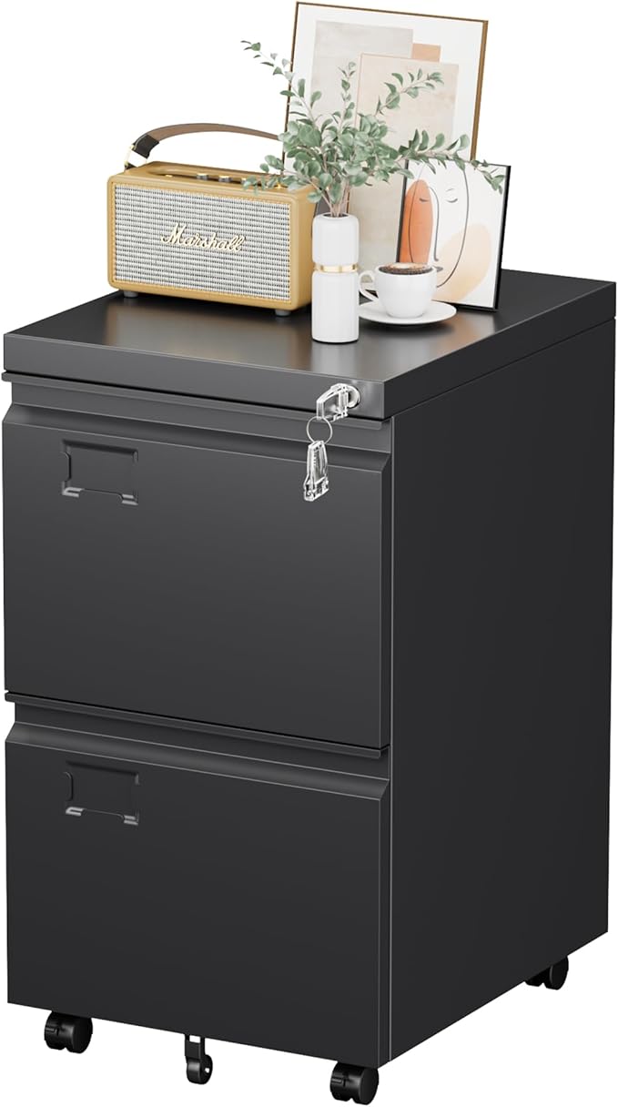2 Drawer Mobile File Cabinet, Metal Under Desk Cabinet with Lock Name Card Holder for Office Home, Legal/Letter Size, W14.57”x D17.36”x H25.79”, Assembly Required