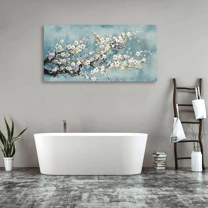 Flowers Wall Art Plum Blossom Canvas Art Botanical Floral Canvas Pictures Grey Blue Canvas Artwork for Bedroom Living Room Bathroom Kitchen Office Home Wall Decor Framed Ready to Hang 20" x 40"