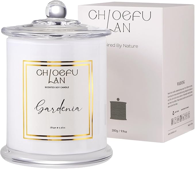 Chloefu LAN Gardenia Scented Candles for Home, Natural Soy Candle for Home Decor, Birthday Candle Gift for Women, 10 oz 65 Hours Burn