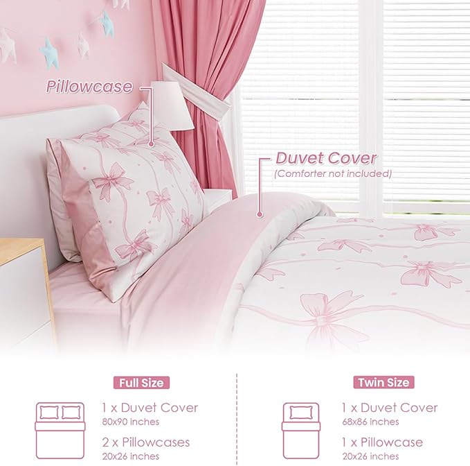 SANDJEST Bow Duvet Cover Sets Twin Size for Kids Girls, Include 1 Polyester Comforter Cover 68x86 Inches and 1 Pillowcase 20x26 Inches, Comforter Not Included, Gift for Christmas Birthday