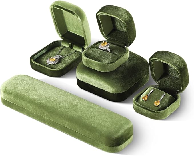 Resilient Velvet Ring Earrings Bracelet Necklace Display Box, Travel Mini Jewelry Organizer Case (Green, Earrings Box)