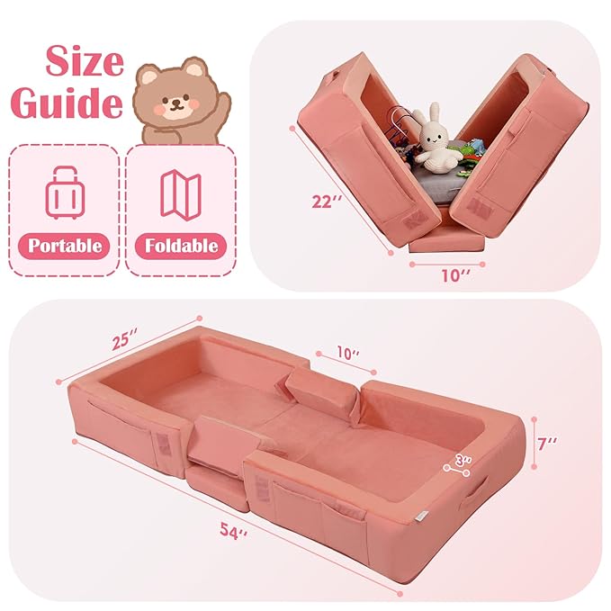 ENITYA Toddler Travel Bed, Folding Floor Cot for Travel, Portable Kids Bed for Sleeping, Washable Toddler Cot for Children 18M – 5yr Old, Pink