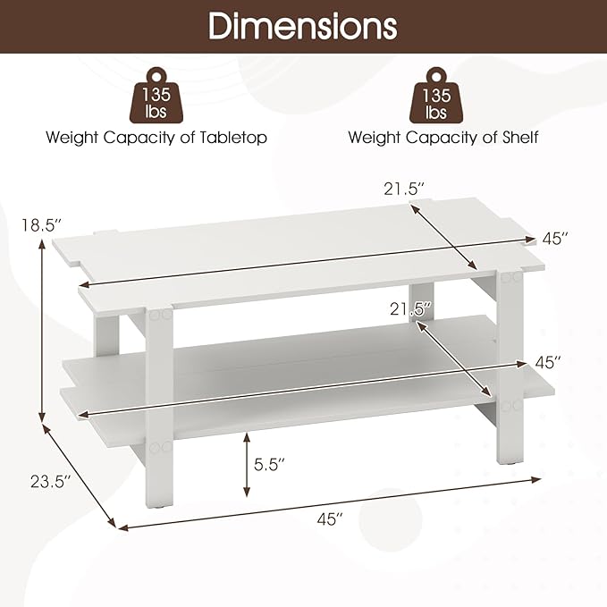GOFLAME Wood Coffee Table with Storage, 2-Tier Irregular Center Table with Open Storage Shelf, Modern Accent Tea Table for Living Room, Home Office, Reception Room (White)