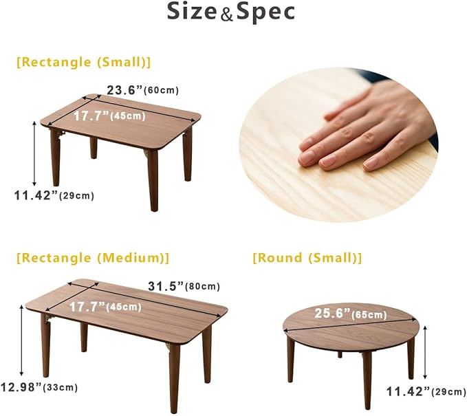 EMOOR Wood Folding Coffee Table Rectangle Medium (17.7"x31.5") White, Floor Sitting Low Table Small Space Minimalist Japanese Tatami Room