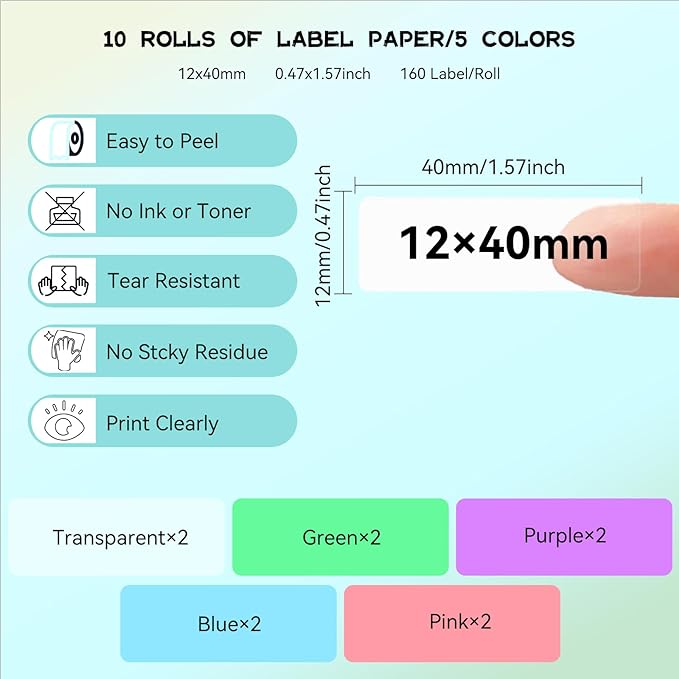 Label Maker Tape Refill 12mm 0.47, Standard Laminated Thermal Label Tape Replacement, 0.47"×1.57"(12×40mm) 1650 Labels/10Rolls/Pack, High Definition Labeling Tape for Home Office School Hotel