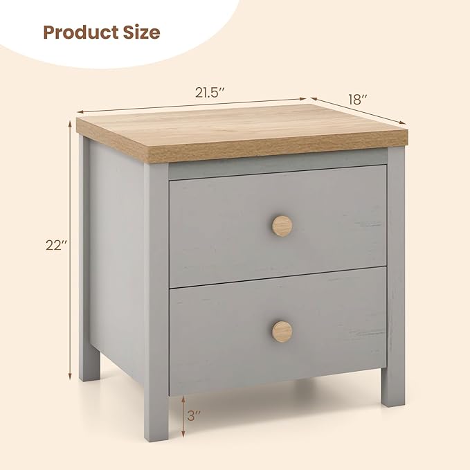 Giantex Night Stand with 2 Drawers Set of 2, Farmhouse Bedside Table with Cute Round Knobs, Wooden Floor End Table with Rubber Wood Legs, Small Sofa Side Table for Small Space Kids Bedroom, Grey